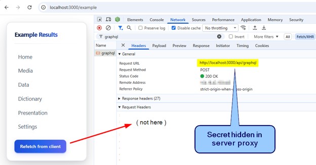 SitecoreQueryShields6 Browser developer tools showing secure localhost GraphQL proxy request with hidden authentication secret handled server-side.
