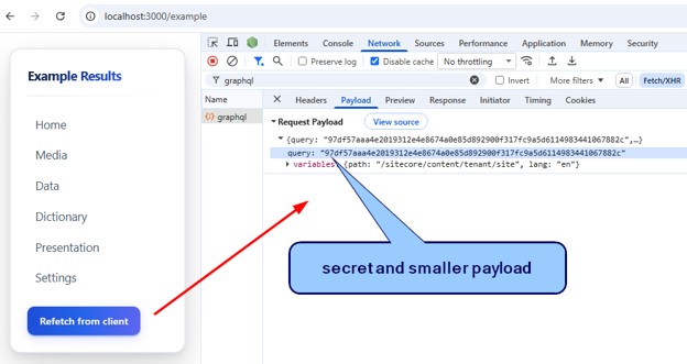 SitecoreQueryShields8 Browser developer tool shows encrypted GraphQL request payload with minimized data and hidden authentication secret via proxy