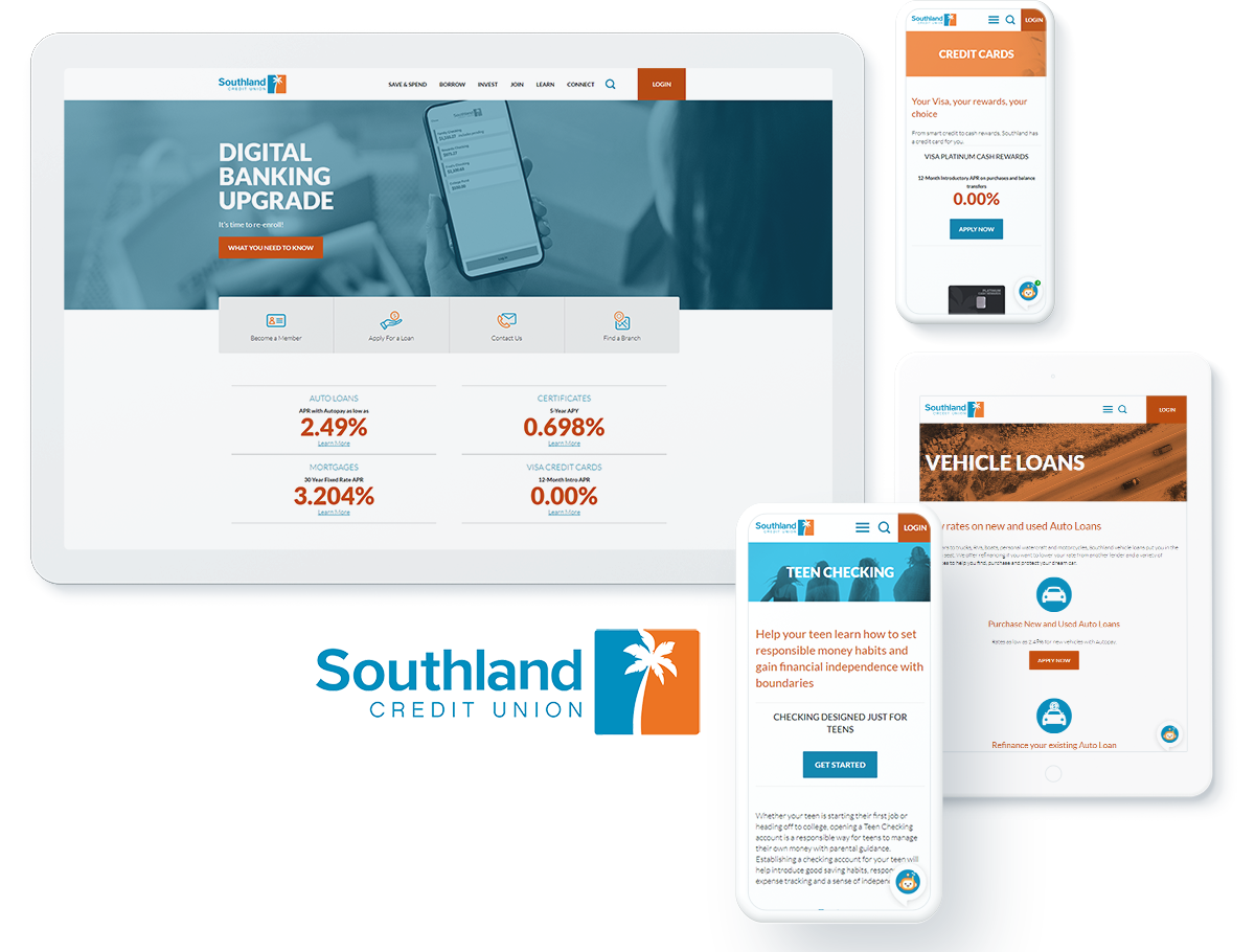 Digital devices display Southland Credit Union's website, featuring banking upgrades, credit card offers, vehicle loans, and teen checking accounts