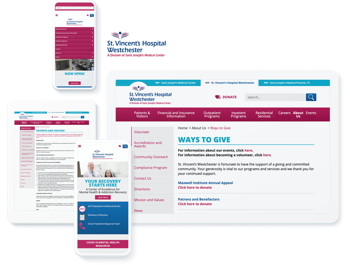 Saint Joseph's Medical Center/St. Vincent's Hospital Westchester's website on multiple devices and screen sizes