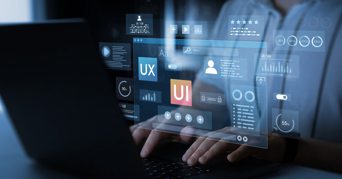 Marketer with digital UI/UX interface and analytics charts, representing engagement, interface design, and web optimization.