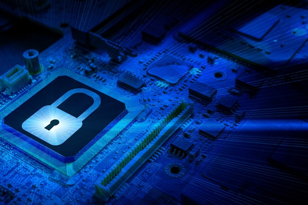 lock image on the inside of a computer with blue rays coming off of it