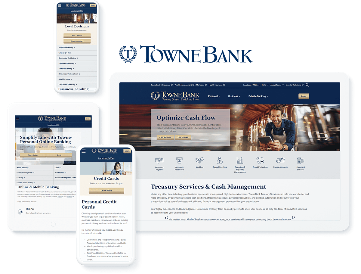 Electronic devices displaying TowneBank's web pages on treasury services, cash management, and credit card options.
