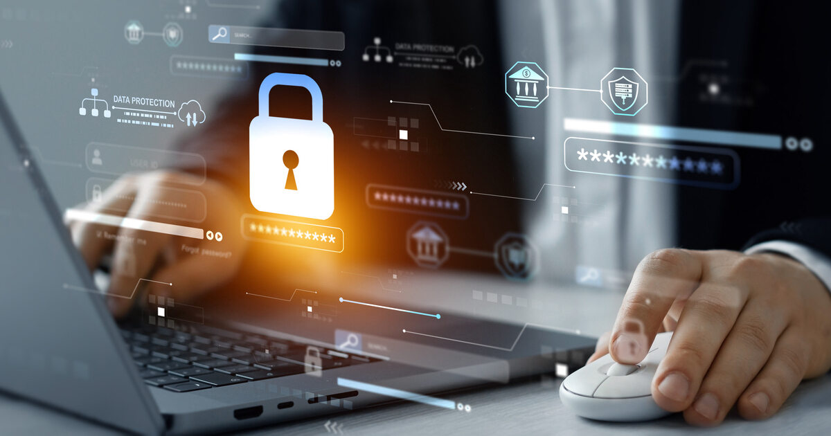 Cybersecurity dashboard with lock icon over a laptop, representing data privacy laws, authentication, and privacy compliance.