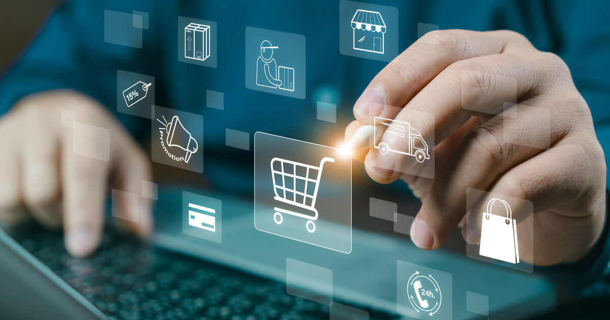 Laptop with digital shopping cart, delivery, and payment icons, representing ecommerce, online retail, and order fulfillment.