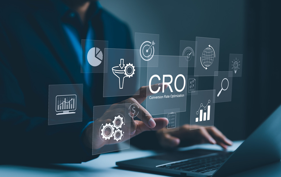 Person interacting with virtual CRO (Conversion Rate Optimization) dashboard, depicting success with digital marketing agency