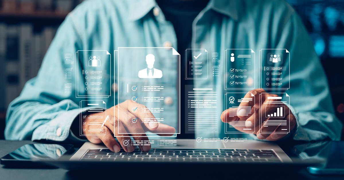 Person on a laptop with virtual documents and content management dashboards, illustrating dynamic content personalization.