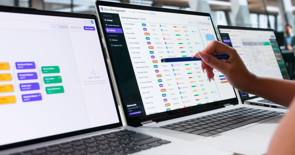 Data governance dashboard on multiple screens showing metadata management, content organization, and enterprise data quality.