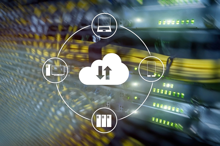 Cloud computing concept with connectivity icons over blurred server room background, depicting data exchange and storage.