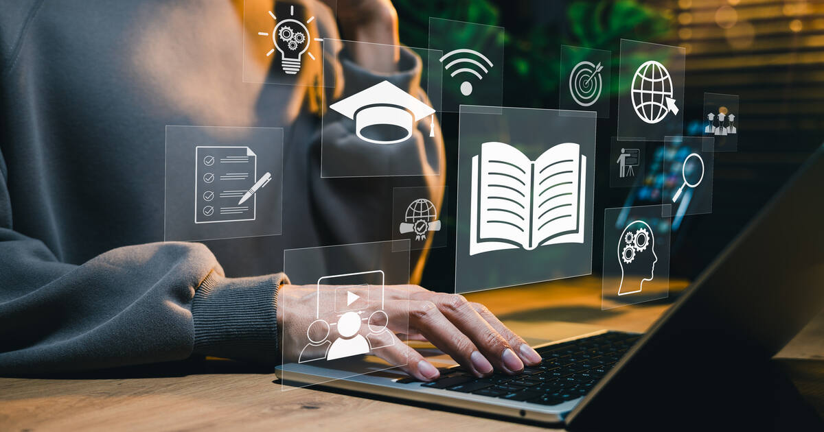 Person using laptop with digital icons representing Storyblok, headless CMS, web technology solutions, and content management
