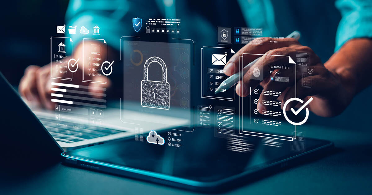 Laptop with digital security, privacy, and compliance icons, representing data protection and privacy policy management.