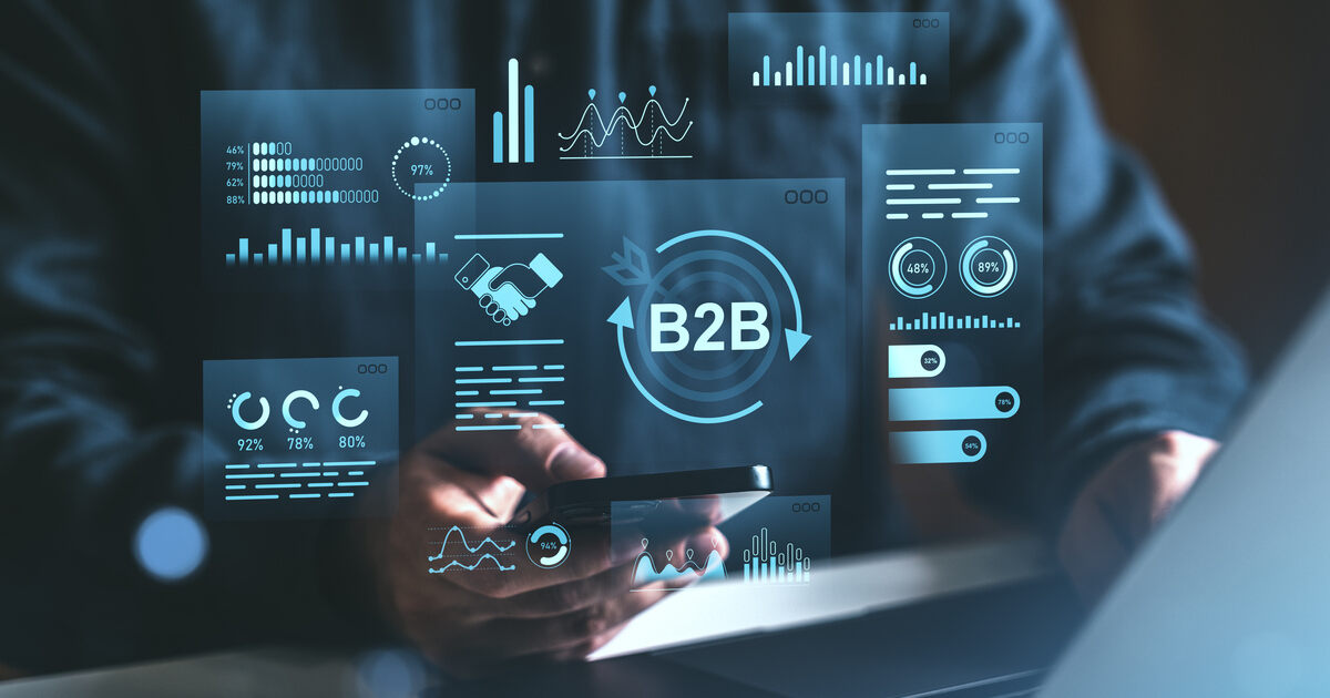Person using digital B2B analytics dashboard representing business data insights, marketing performance, and digital strategy