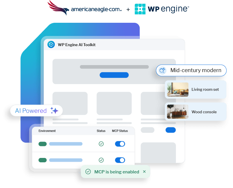 Graphic of seamless digital experiences with WP Engine and Americaneagle.com AI services
