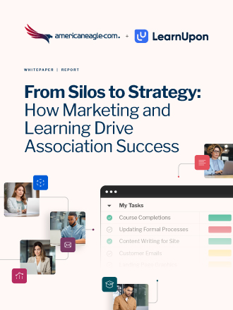 Cover of whitepaper on how marketing and learning drive association success with Americaneagle.com, LearnUpon, and HubSpot