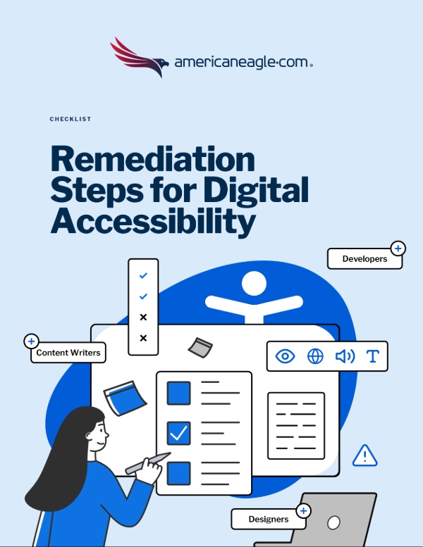 Illustrated cover of ‘Remediation Steps for Digital Accessibility’ checklist with digital accessibility solutions for brands