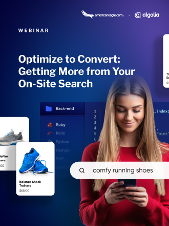 Graphic of Americaneagle.com and Algolia webinar on boosting onsite search performance to drive engagement and conversions