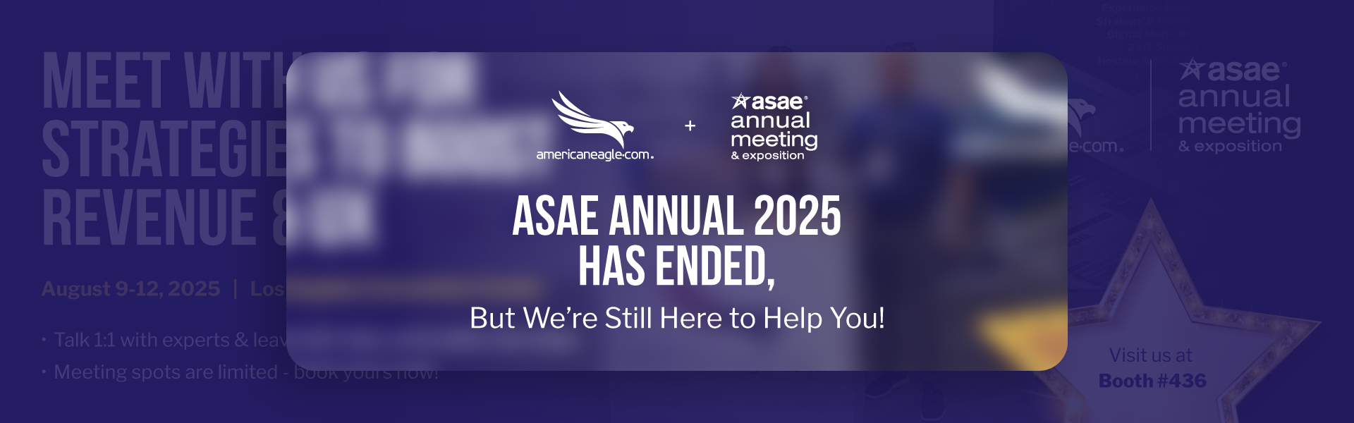 Invitation for ASAE 2025 attendees to meet with Americaneagle.com for expert UX and revenue strategies for association growth