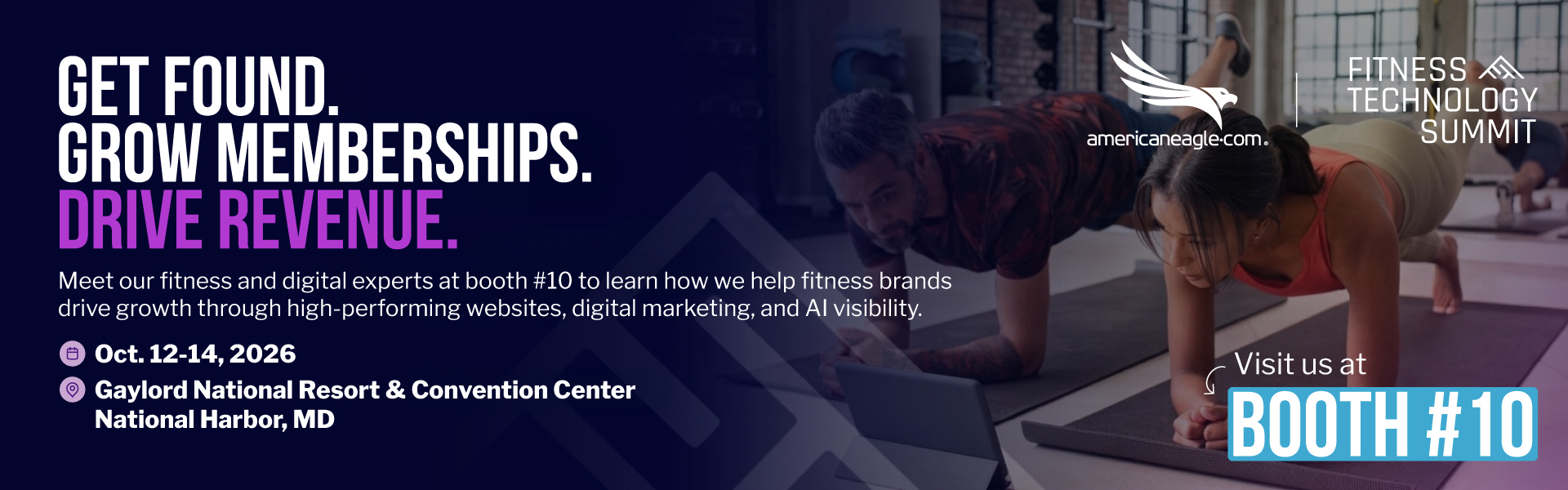 Fitness Technology Summit 2026 banner encouraging attendees to meet with Americaneagle.com’s digital experts at the event