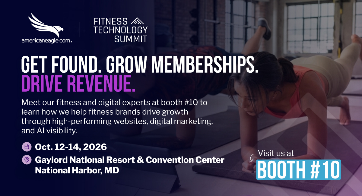 Fitness Technology Summit 2026 banner encouraging attendees to meet with Americaneagle.com’s digital experts at the event