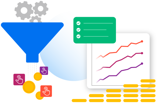 Graphic illustrating business growth and user interaction using digital analytics charts, depicting success with CRO services