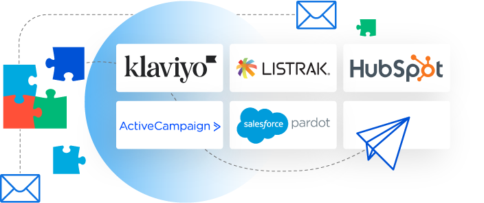 Graphic of email marketing platform partners including Klaviyo, Listrak, HubSpot, ActiveCampaign, and Salesforce Pardot