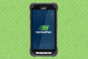 Mobile device displaying myCloudFare application screen, signifying electronic inspection solution for transit validation