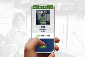 Passenger holding phone displaying digital bus ticket with time, fare, and user photo, representing success with myCloudFare