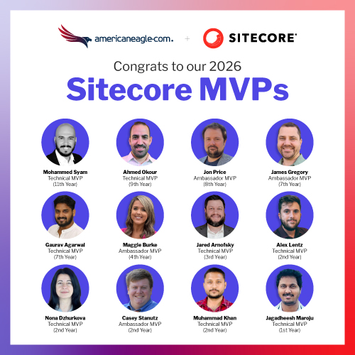 Graphic announcing 2026 Sitecore MVPs with headshots of Americaneagle.com team members recognized for Sitecore expertise