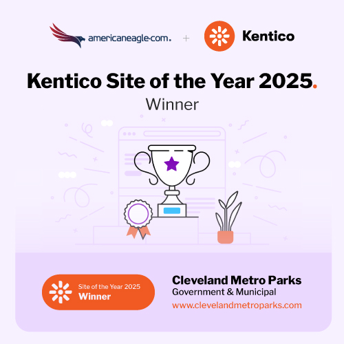 Graphic announcing Americaneagle.com client Cleveland Metroparks awarded Kentico Site of the Year 2025 for website excellence