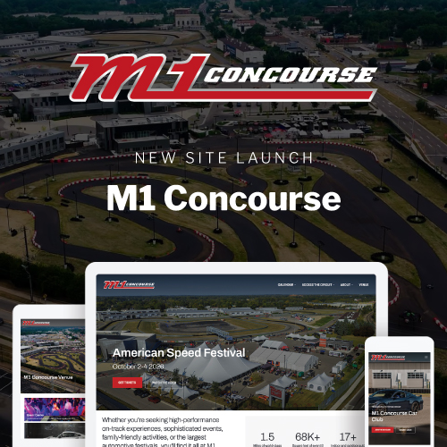 M1 Concourse website launch featuring responsive website designs across devices, highlighting success with Webflow agency