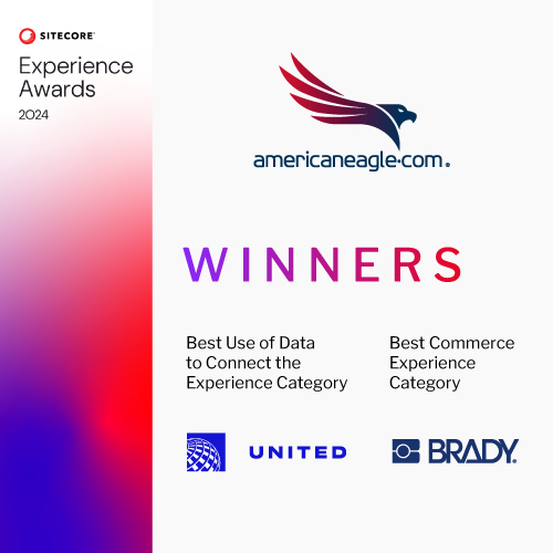 2024 Sitecore Experience Awards winners graphic featuring Americaneagle.com, United Airlines, and Brady Corporation