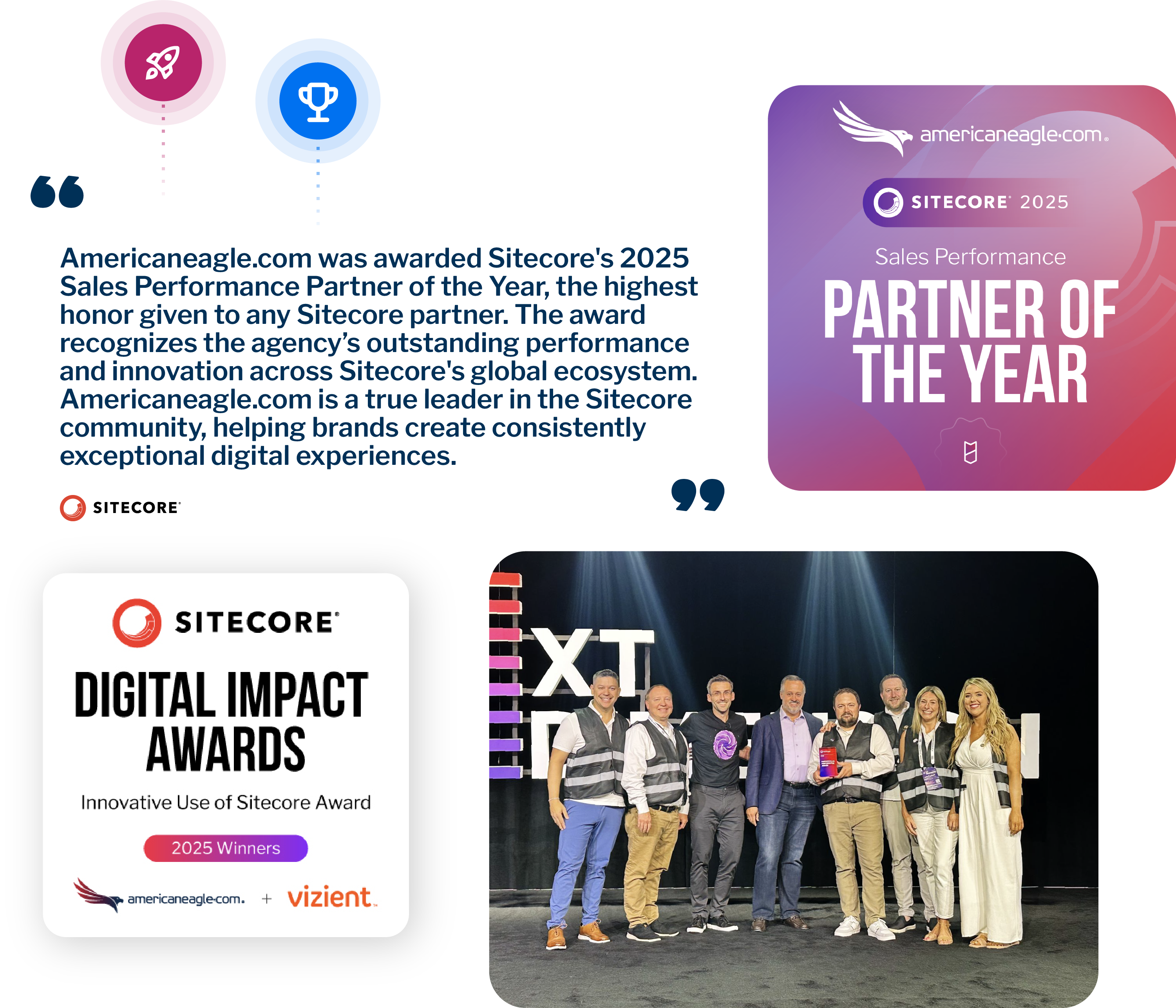 Americaneagle.com receiving Sitecore 2025 awards, including Sales Performance Partner of the Year and Digital Impact Award