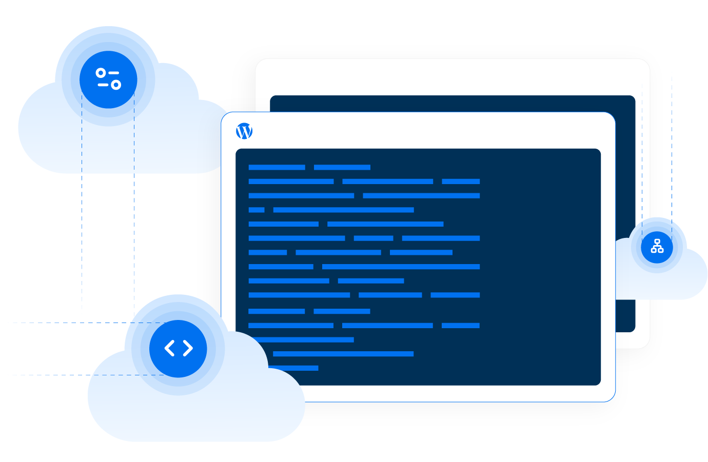 Illustration of WordPress code editor and cloud technology on a tablet, indicating success with website development agency