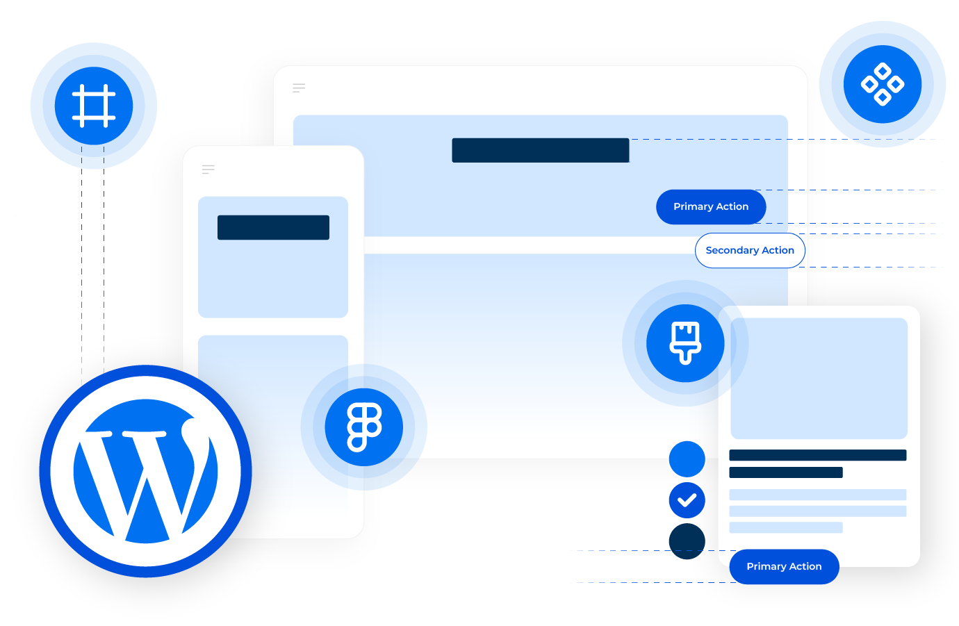 Graphic of WordPress website design on multiple devices and interface elements, illustrating success with WordPress agency