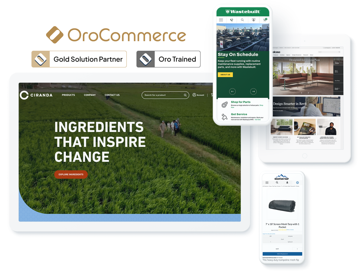 B2B ecommerce websites displayed across devices, showcasing success with OroCommerce Gold Solution Partner agency services