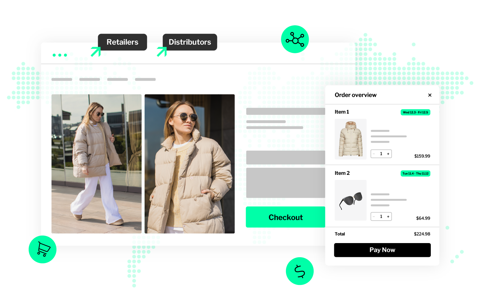 Composable ecommerce platform interface features and capabilities, depicting digital growth for retailers and distributors
