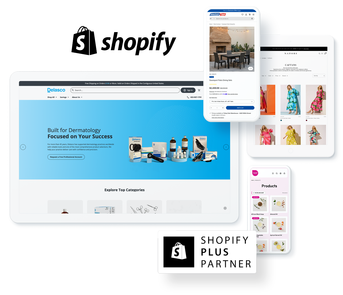 Ecommerce websites and capabilities displayed on mobile devices, showcasing business success with Shopify agency services