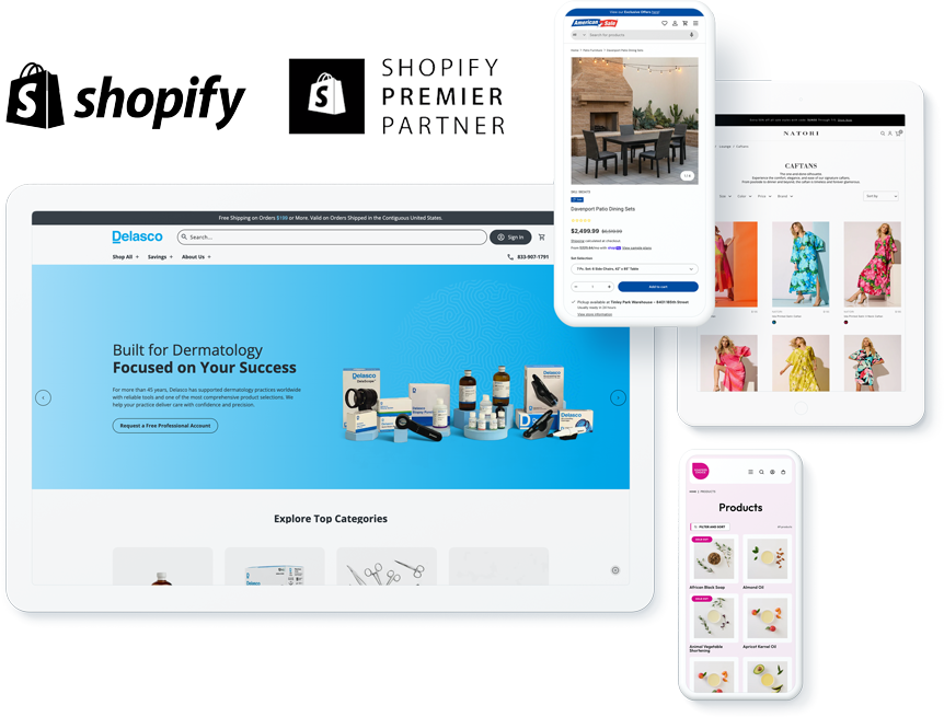 Ecommerce websites and capabilities displayed on devices, showcasing success with Shopify Premier Partner agency services