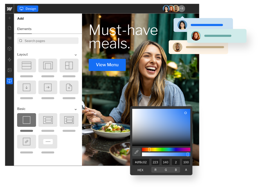 Webflow design company interface showing visual website editing, layout tools and brand styling controls