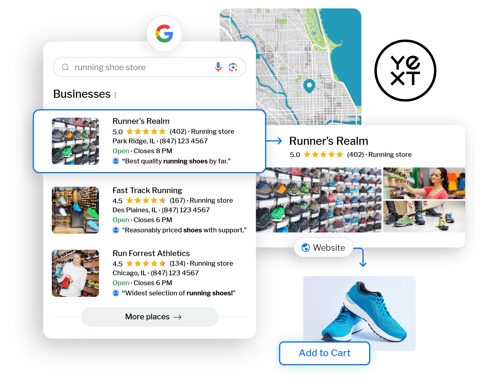 Local business search results on Google with map and business information, signifying success with Yext location services
