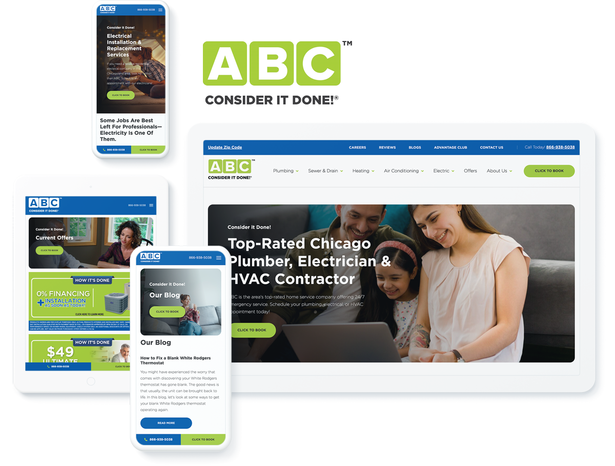 ABC Plumbing website on device screens, highlighting web design and development success for professional services