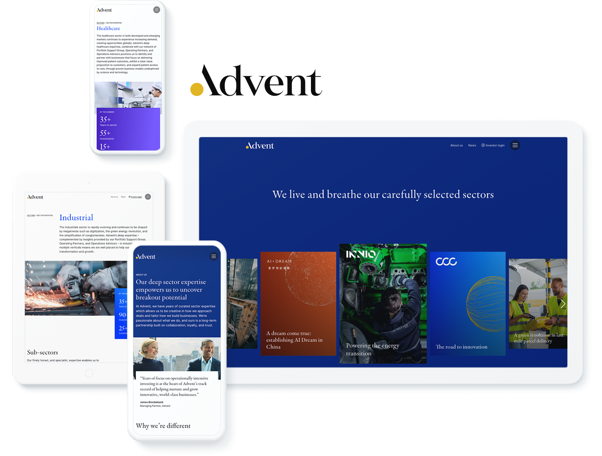 Advent International's website across digital devices showing successful digital marketing for financial services