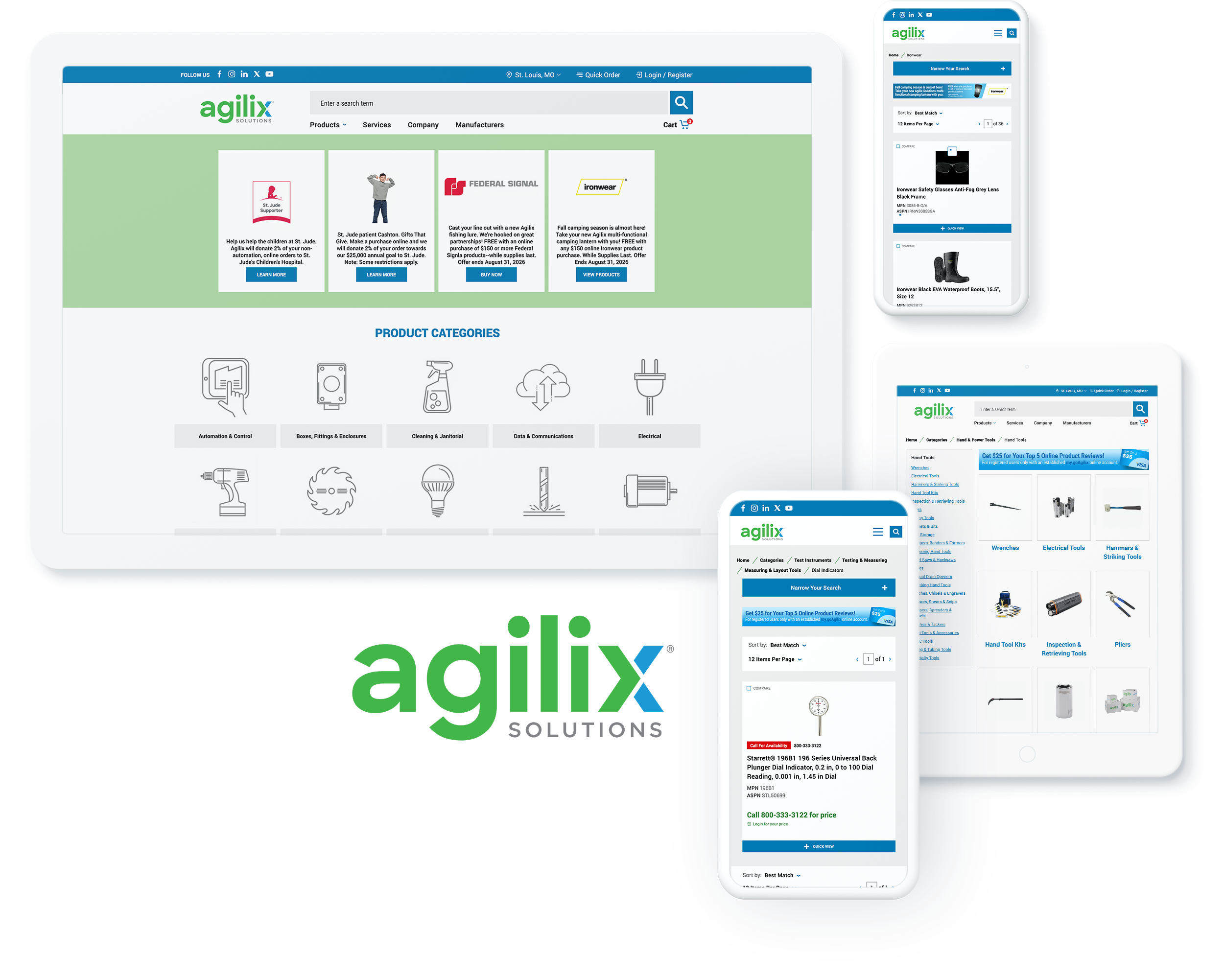 Agilix B2B ecommerce website across digital devices, showcasing successful ecommerce development and product discovery