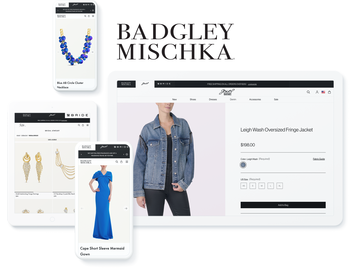 Badgley Mischka website on device screens, indicating success with website design and development services for fashion brands