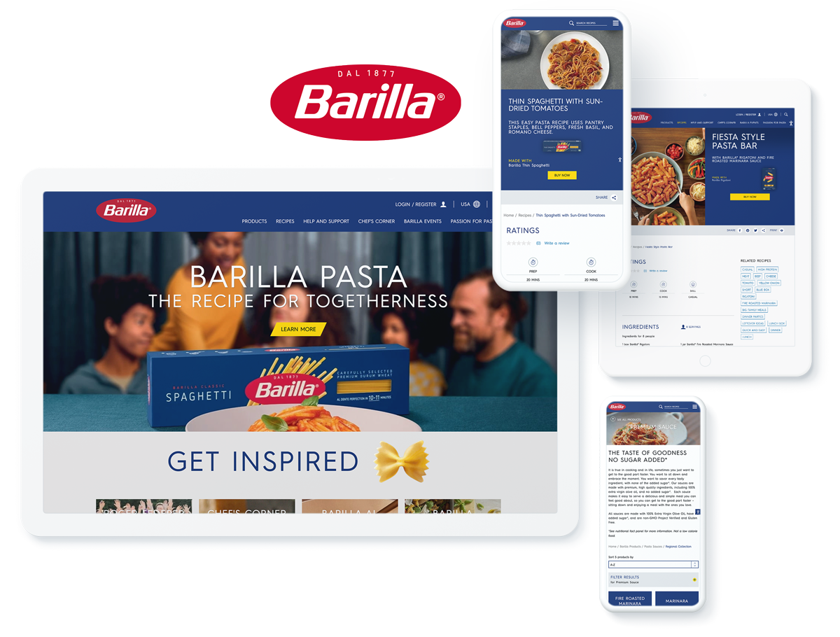 Digital displays of Barilla's website featuring pasta recipes and products on a tablet and smartphones with the Barilla logo.