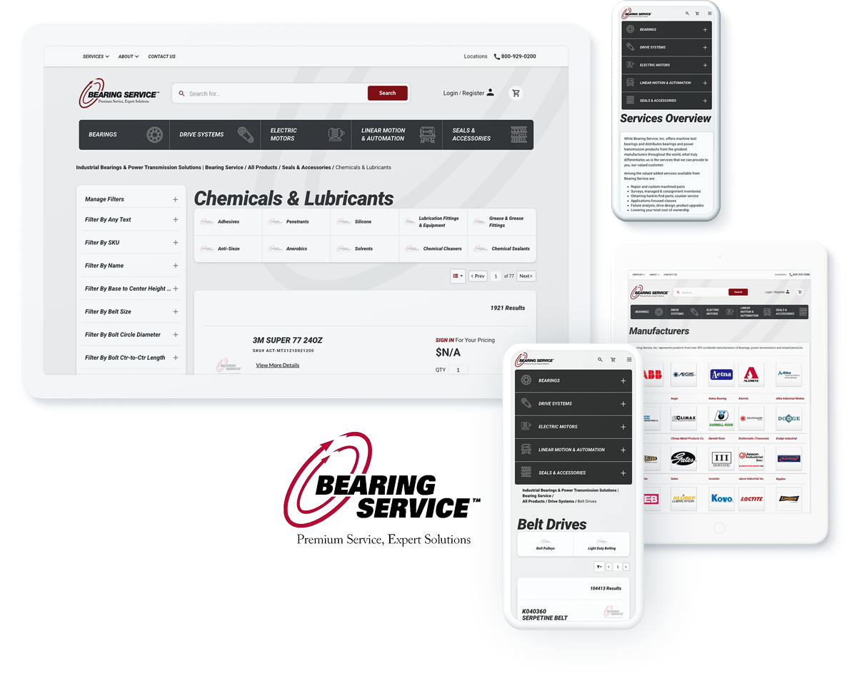Bearing Service ecommerce website across digital devices, showcasing website development and design success for distributors