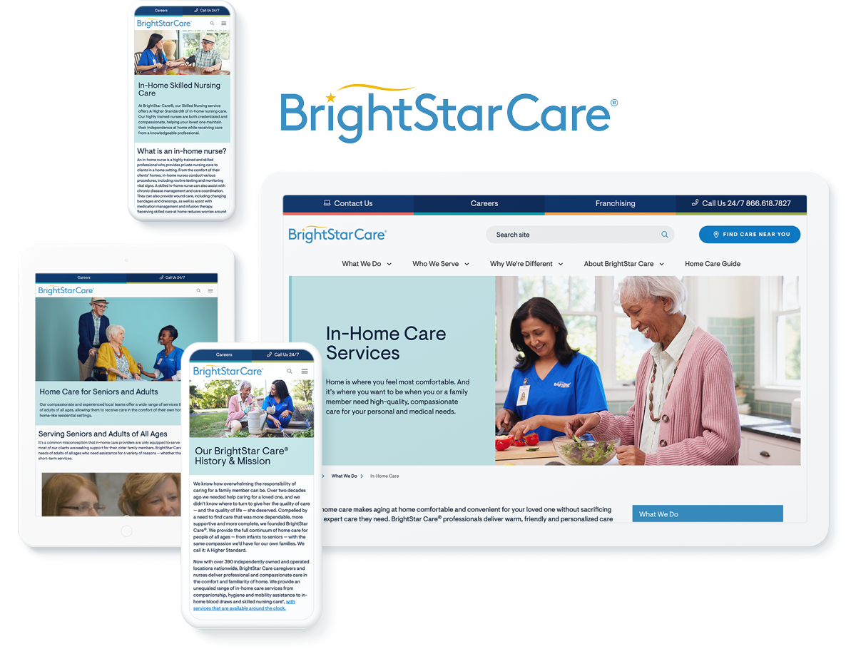 BrightStar Care website on device screens, representing success with professional services website development company