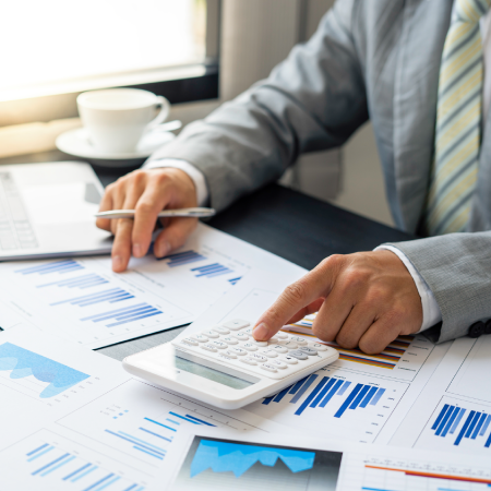 Person analyzing financial data, indicating success with website development and digital marketing for financial services