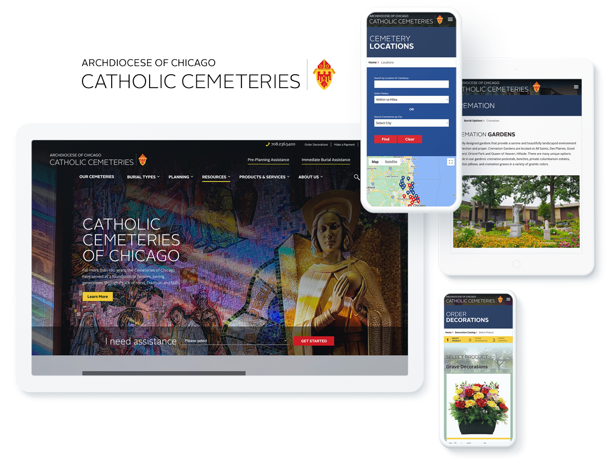 display of Catholic Cemeteries of Chicago website on devices, showcasing successful website design and development