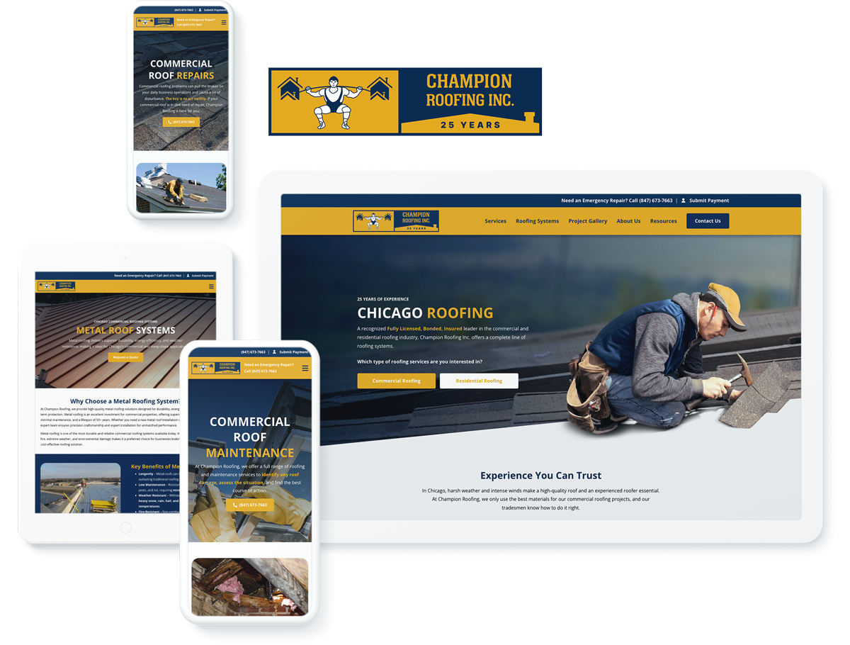 Champion Roofing professional services website on device screens, indicating success with digital marketing and SEO services